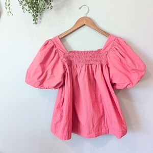 Anthropologie Coral-Pink Smocked Square-Neck Puff Sleeve Top